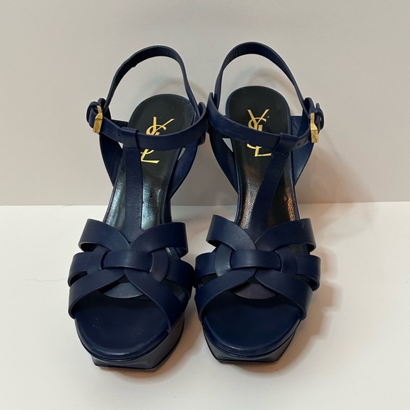 YSL Blue Leather Tribute Platform Sandals Size 37 - Picture 2 of 9